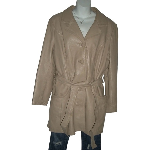 Vintage 70's Leather Trench Coat 24k By Dan Di Modes Tan Spy Mod Stitch Retro XL - Picture 1 of 16
